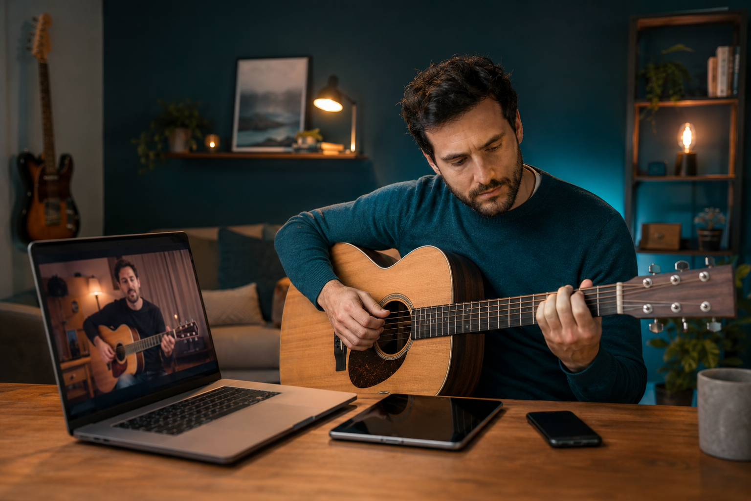 Aluno a aprender guitarra através de uma videoaula num computador, com tablet e smartphone